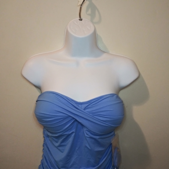 Tommy Bahama Pearl Solids Blue Shirred Twist Front Bandeau One Piece Swimsuit - Picture 6 of 16